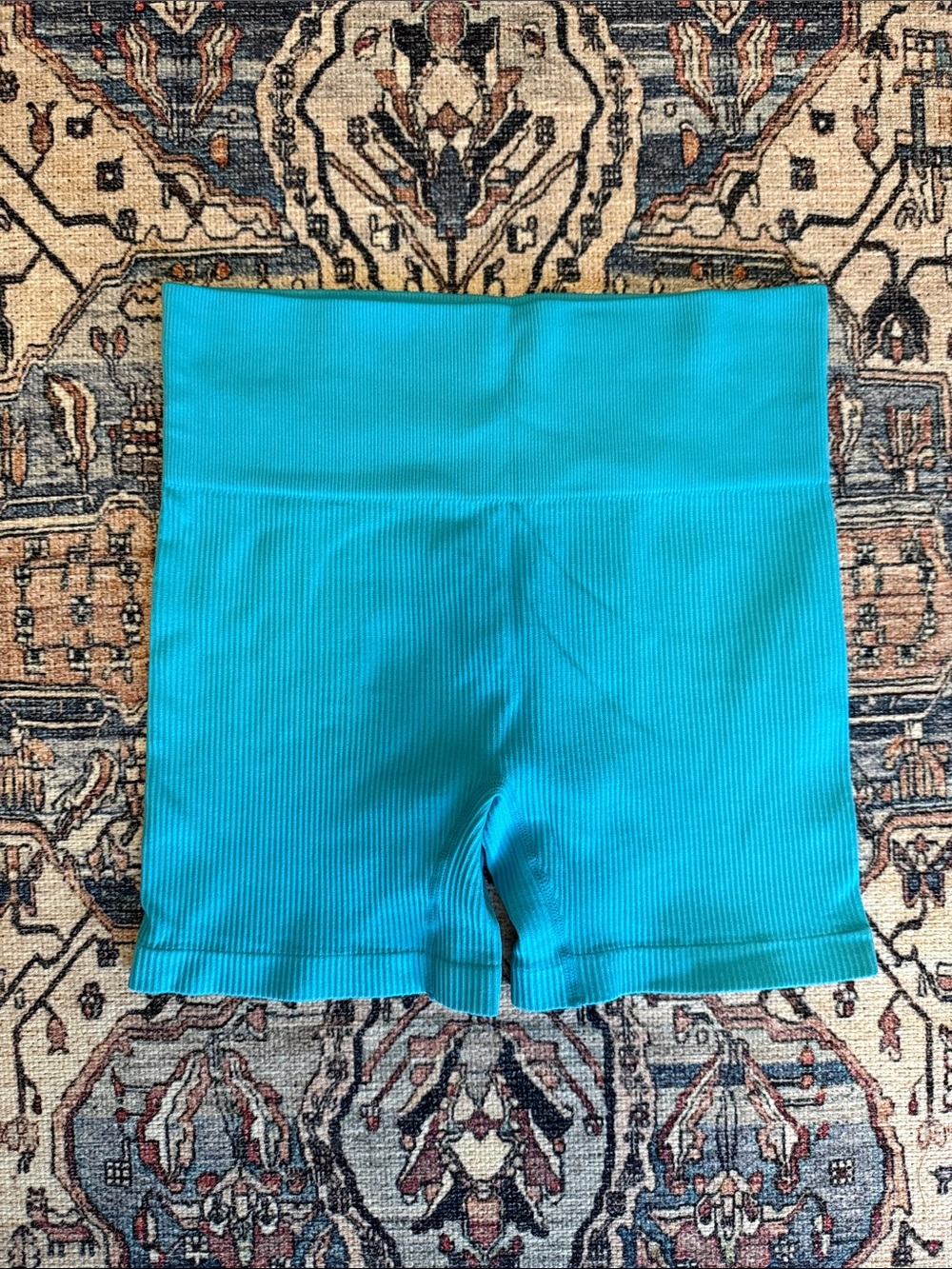 Women's High-Waist Ribbed Blue Bike Shorts — Teal 5”